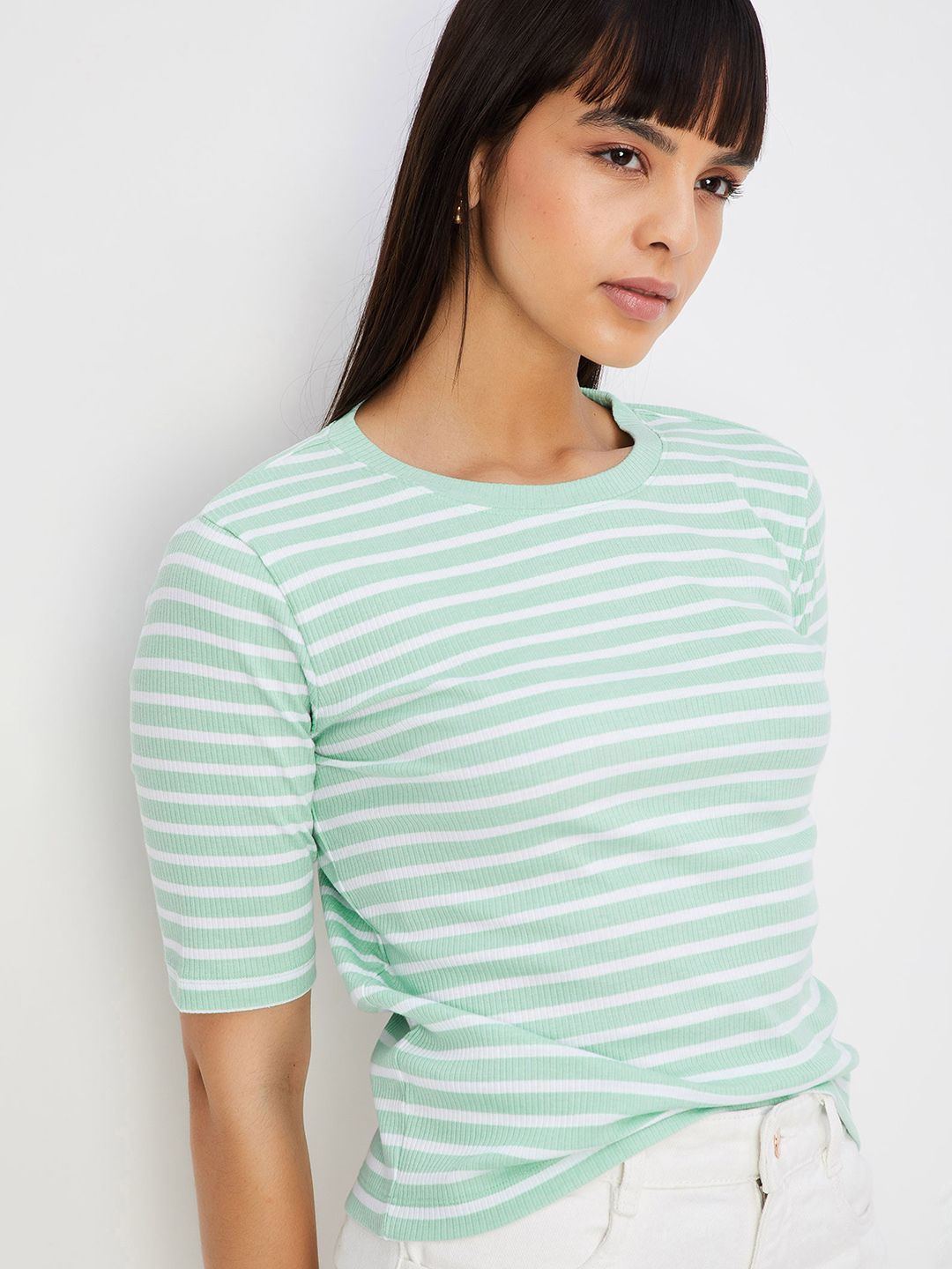 max Women Striped Round Neck Pure Cotton Green T-Shirt-picture-25
