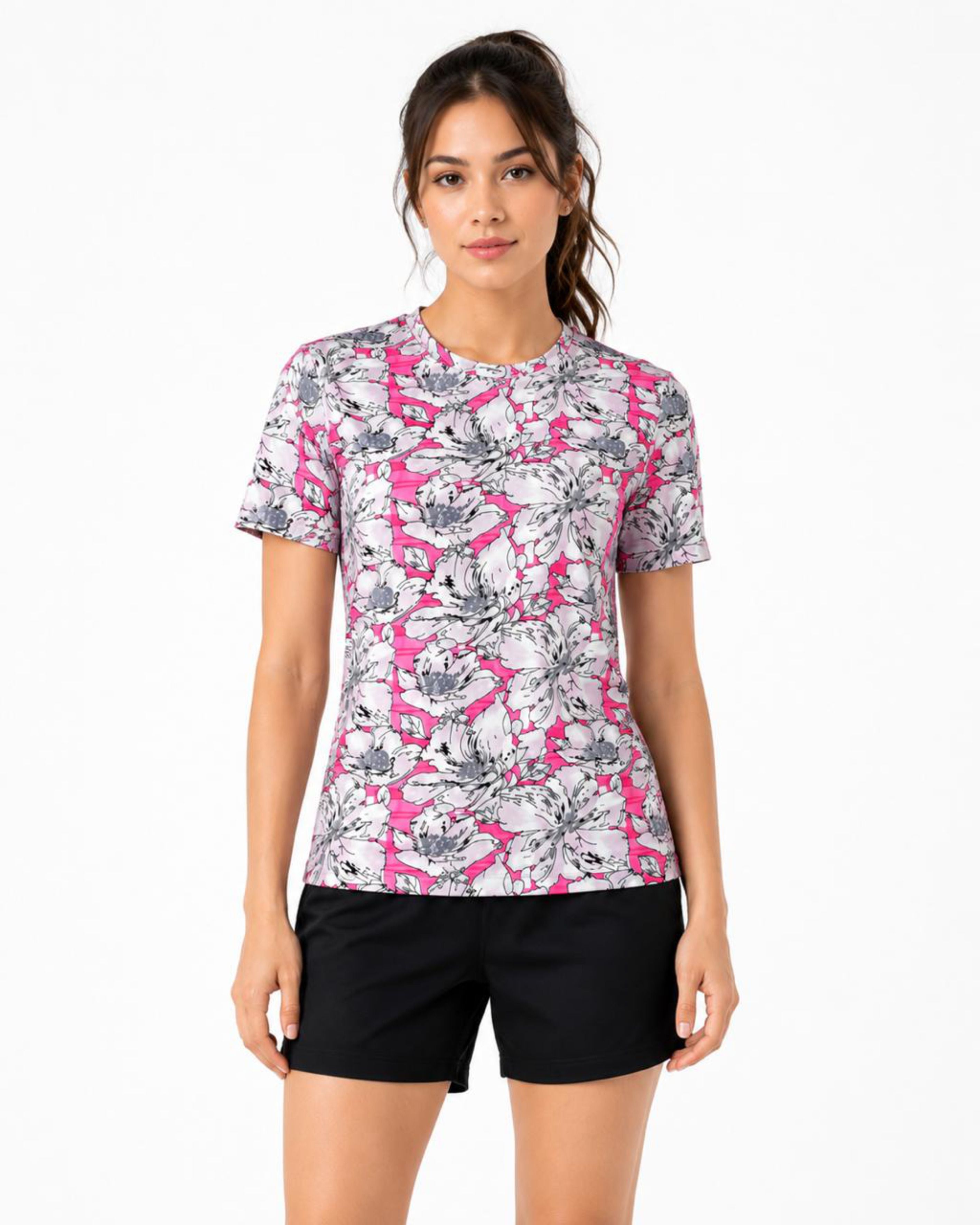 Women Floral Print, Printed Round Neck Polyester White, Purple, Pink T-Shirt-image-8