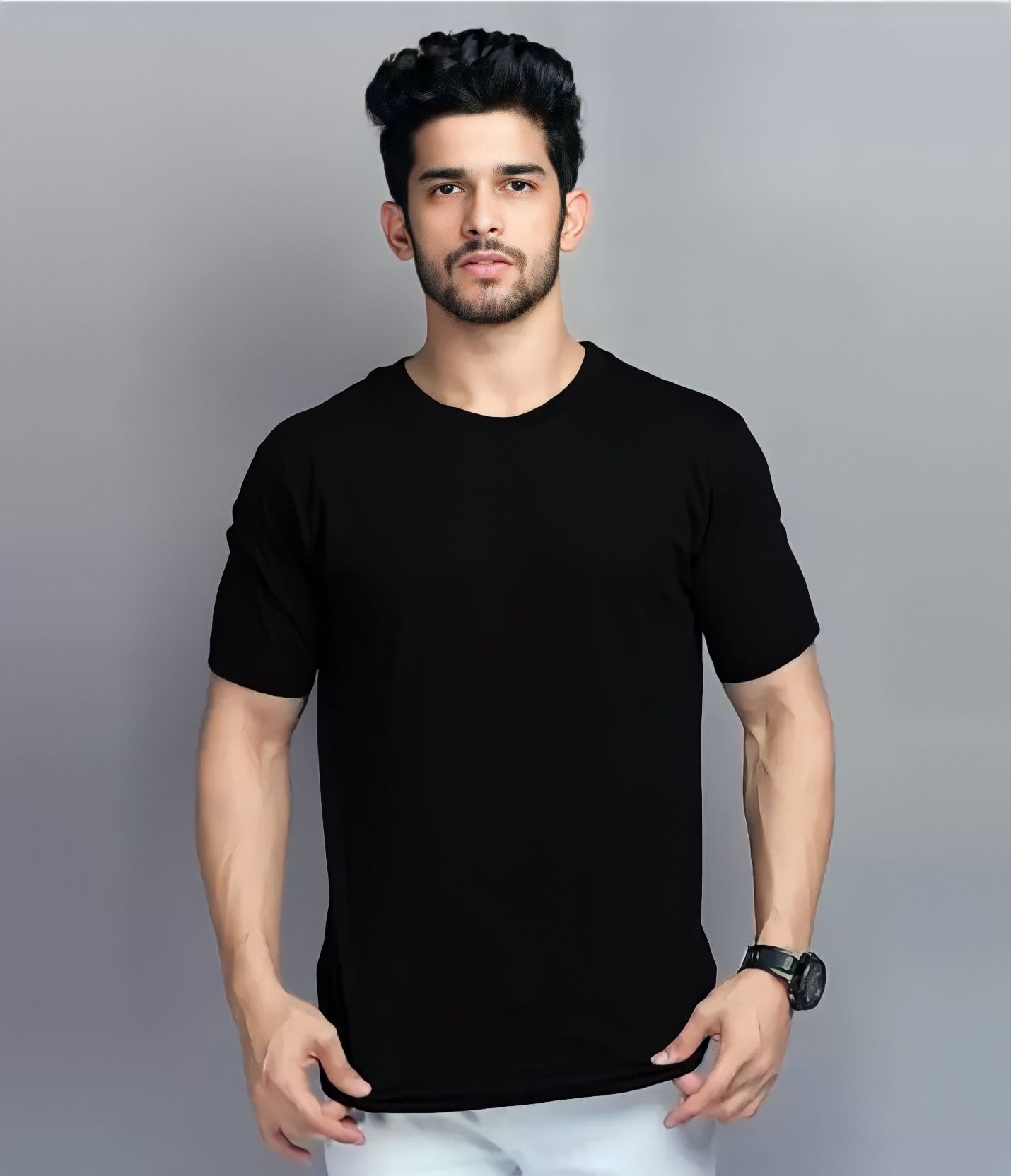 Men Solid Round Neck Polyester Black T-Shirt