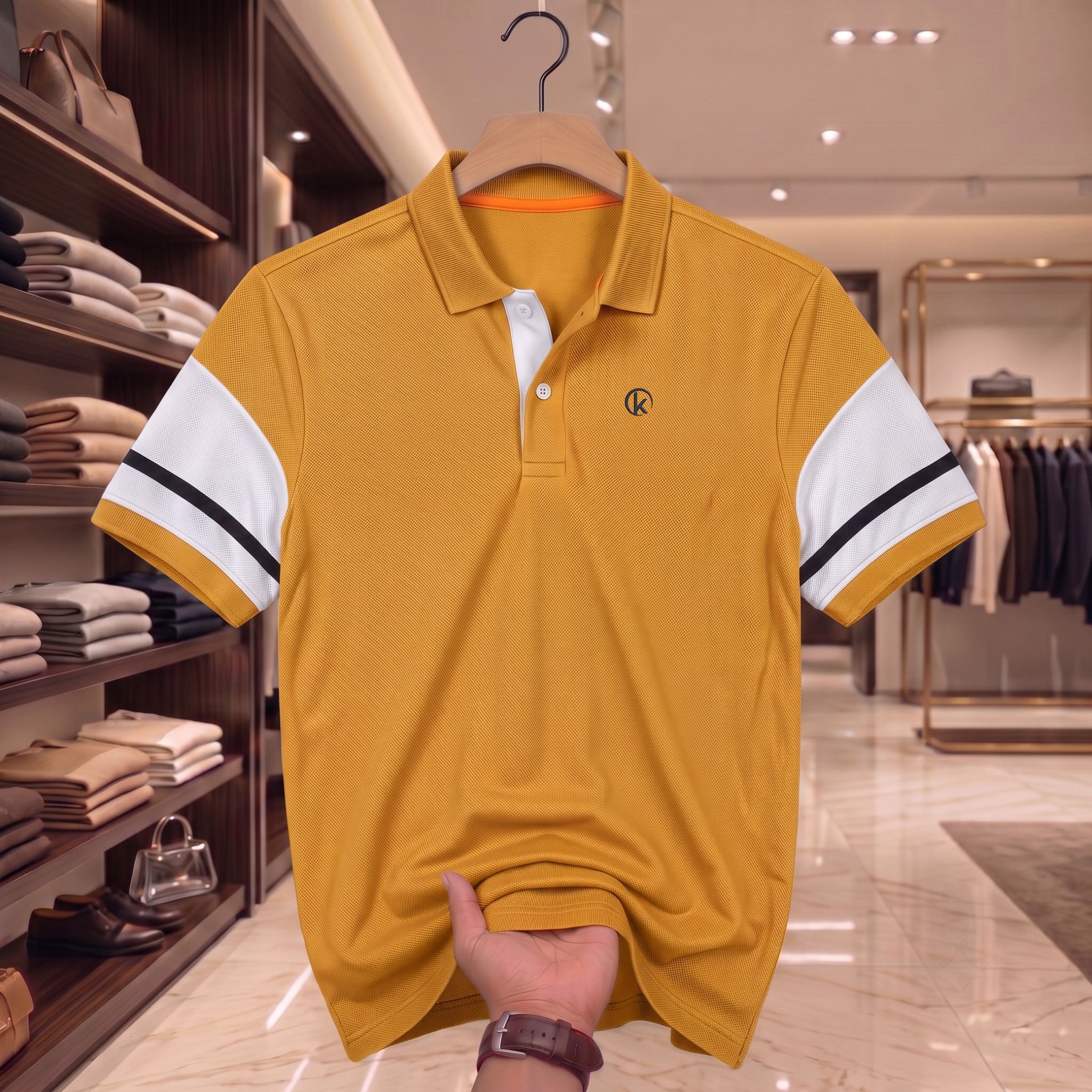 Men Graphic Print Polo Neck Pure Cotton Yellow T-Shirt-image-3
