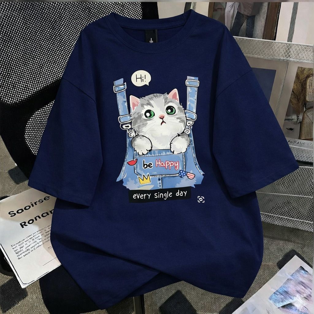 Women Graphic Print Round Neck Cotton Blend Navy Blue T-Shirt-image-4