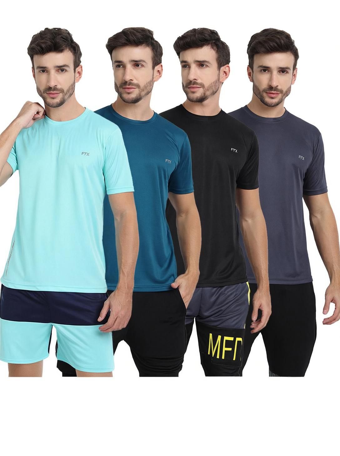 Pack of 4 Men Solid Round Neck Polyester Light Blue, Blue, Black, Grey T-Shirt-image-8