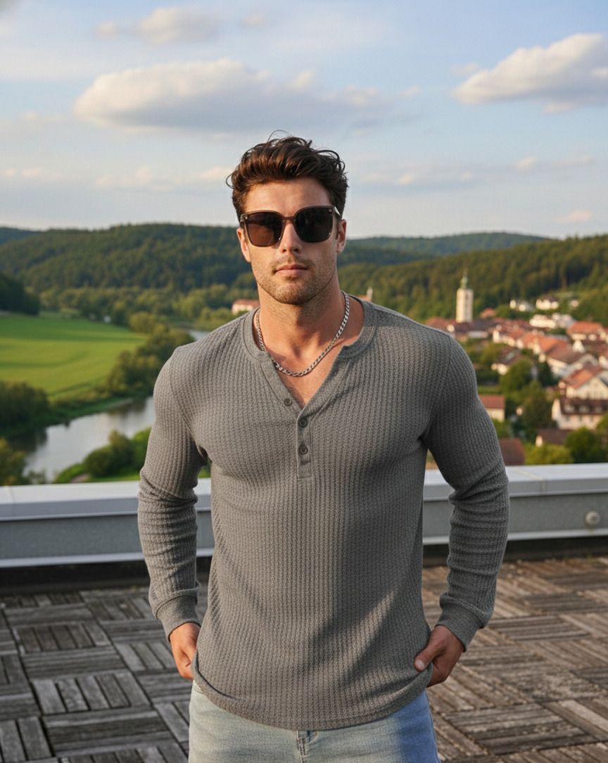 muskan creation Men Self Design Henley Neck Cotton Blend Grey T-Shirt-picture-11