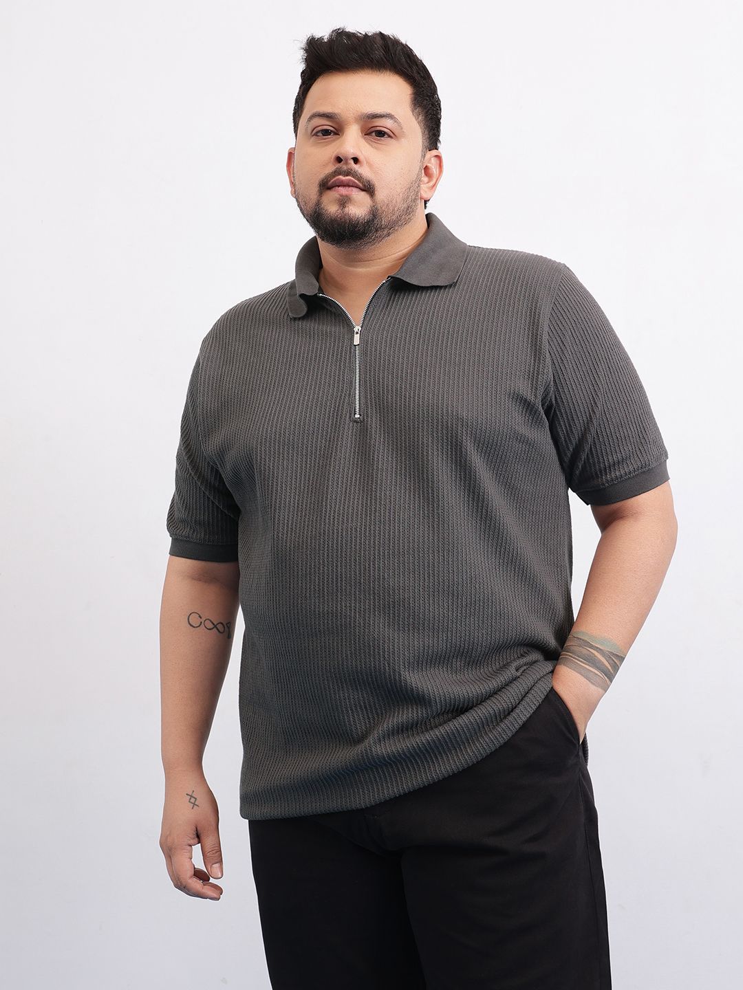 Men Self Design Polo Neck Pure Cotton Grey T-Shirt-image-23