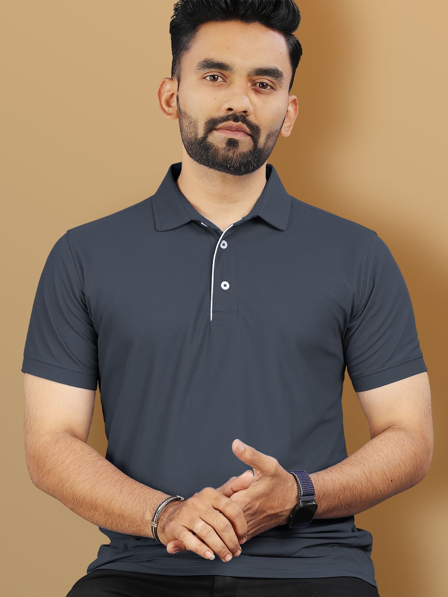 vebnor Men Solid Polo Neck Polyester Grey T-Shirt-picture-27