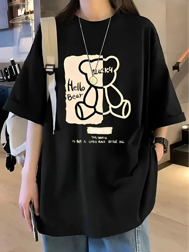 Women Printed Round Neck Cotton Blend Black T-Shirt