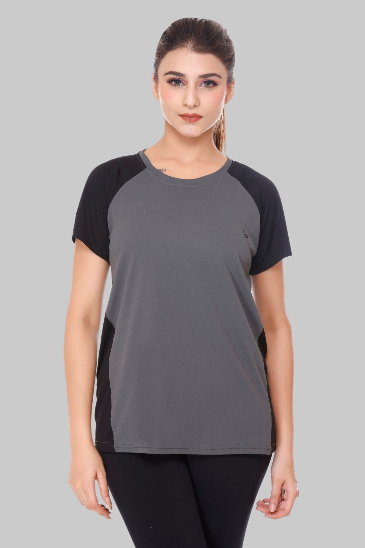 Women Colorblock Round Neck Polyester Grey T-Shirt-image-42