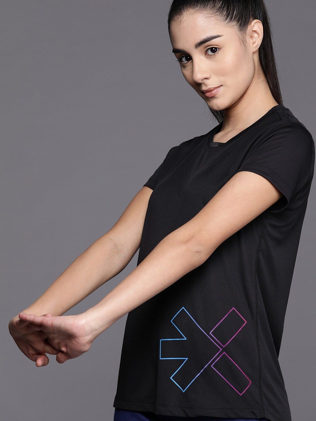 hrx by hrithik roshan Women Printed Round Neck Polyester Black T-Shirt-picture-19