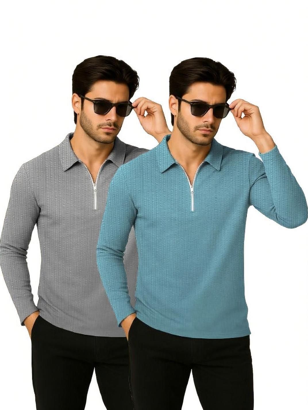 Pack of 2 Men Striped Zip Neck Polyester Grey, Green T-Shirt-image-8
