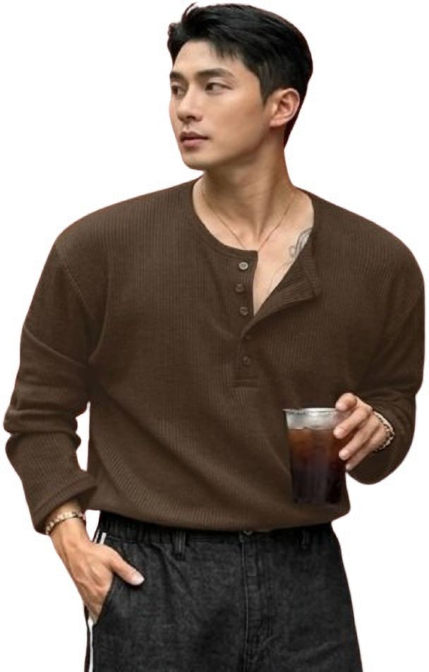 Men Striped Henley Neck Polyester Brown T-Shirt-image-9