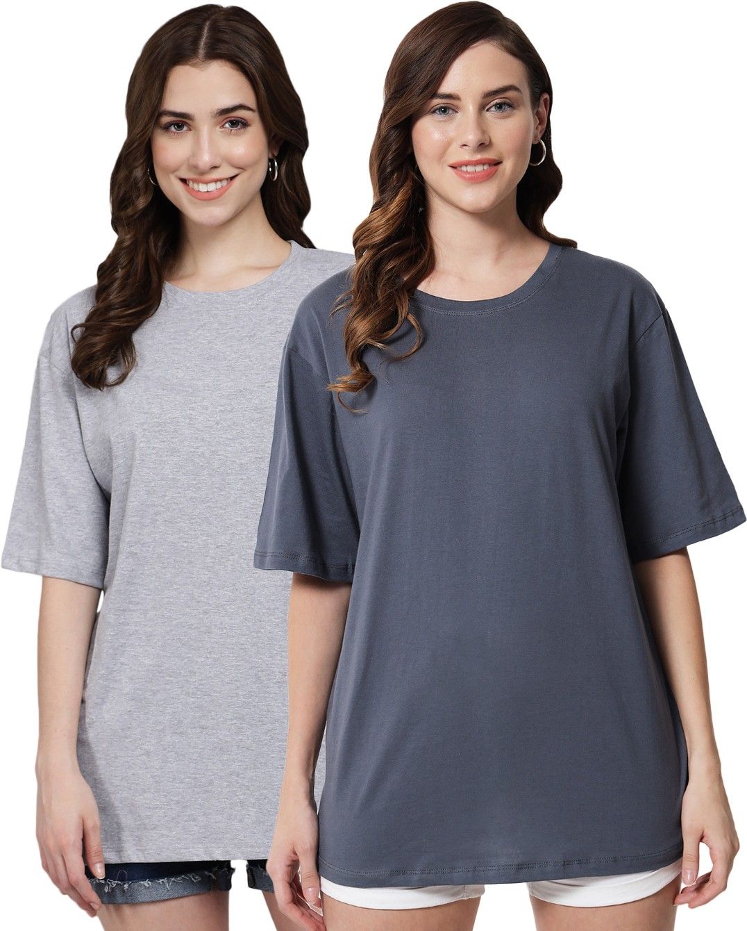 funday fashion Pack of 2 Women Solid Round Neck Cotton Blend Dark Blue, Black T-Shirt-picture-30