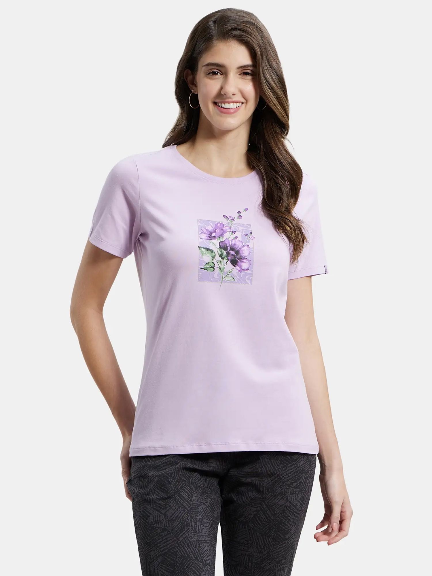 1361 Women Graphic Print Round Neck Cotton Blend Purple T-Shirt-image-37