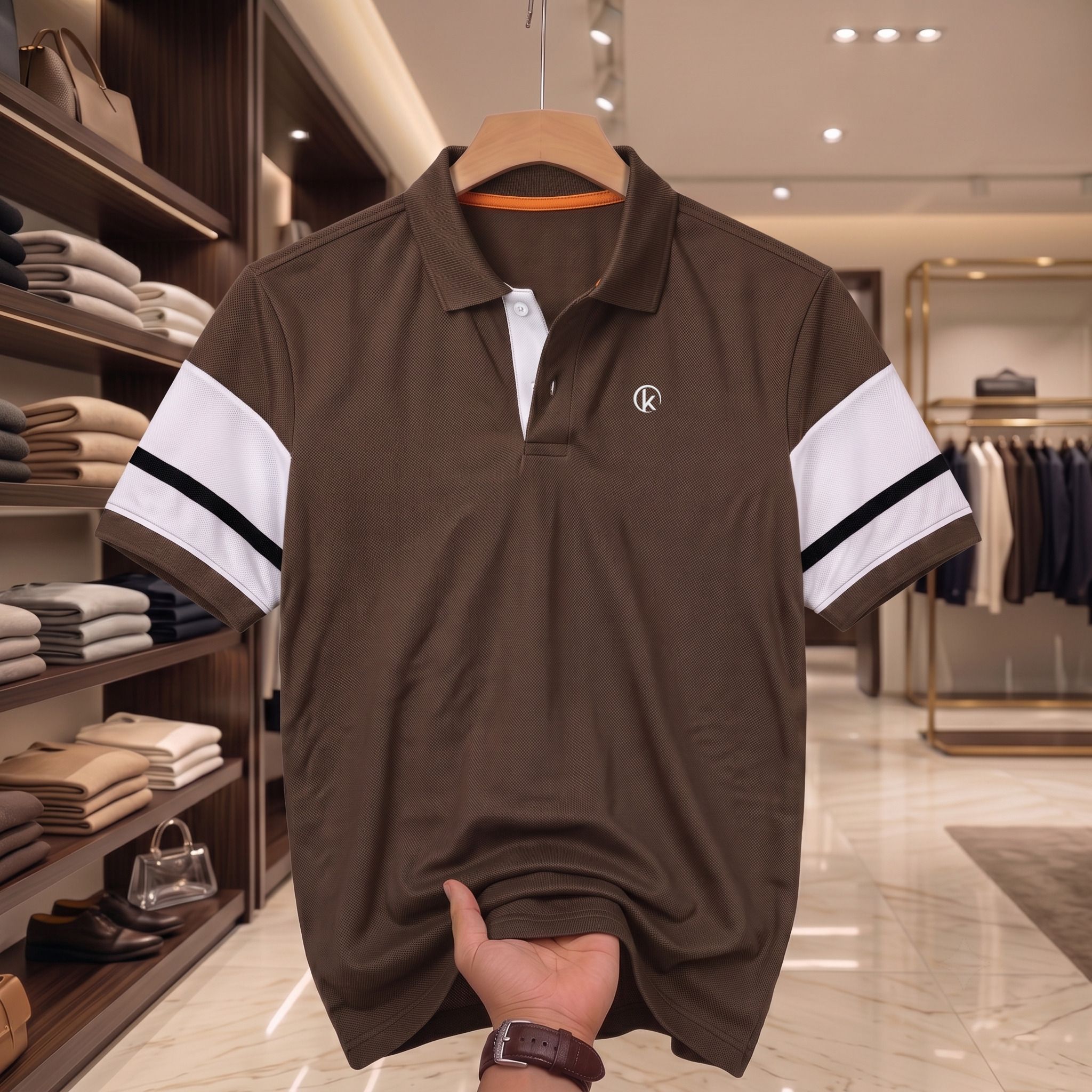 Men Graphic Print Polo Neck Pure Cotton Brown T-Shirt-image-1