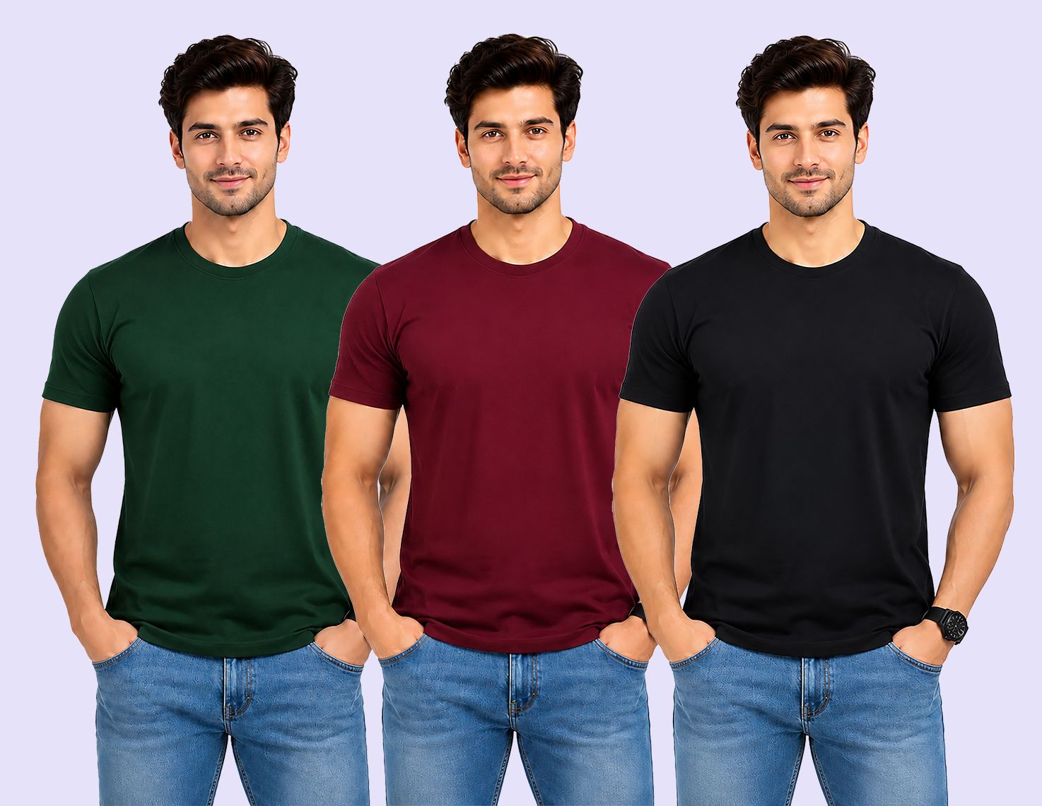 think tech Pack of 3 Men Solid Round Neck Polyester Dark Green, Maroon, Black T-Shirt-picture-1