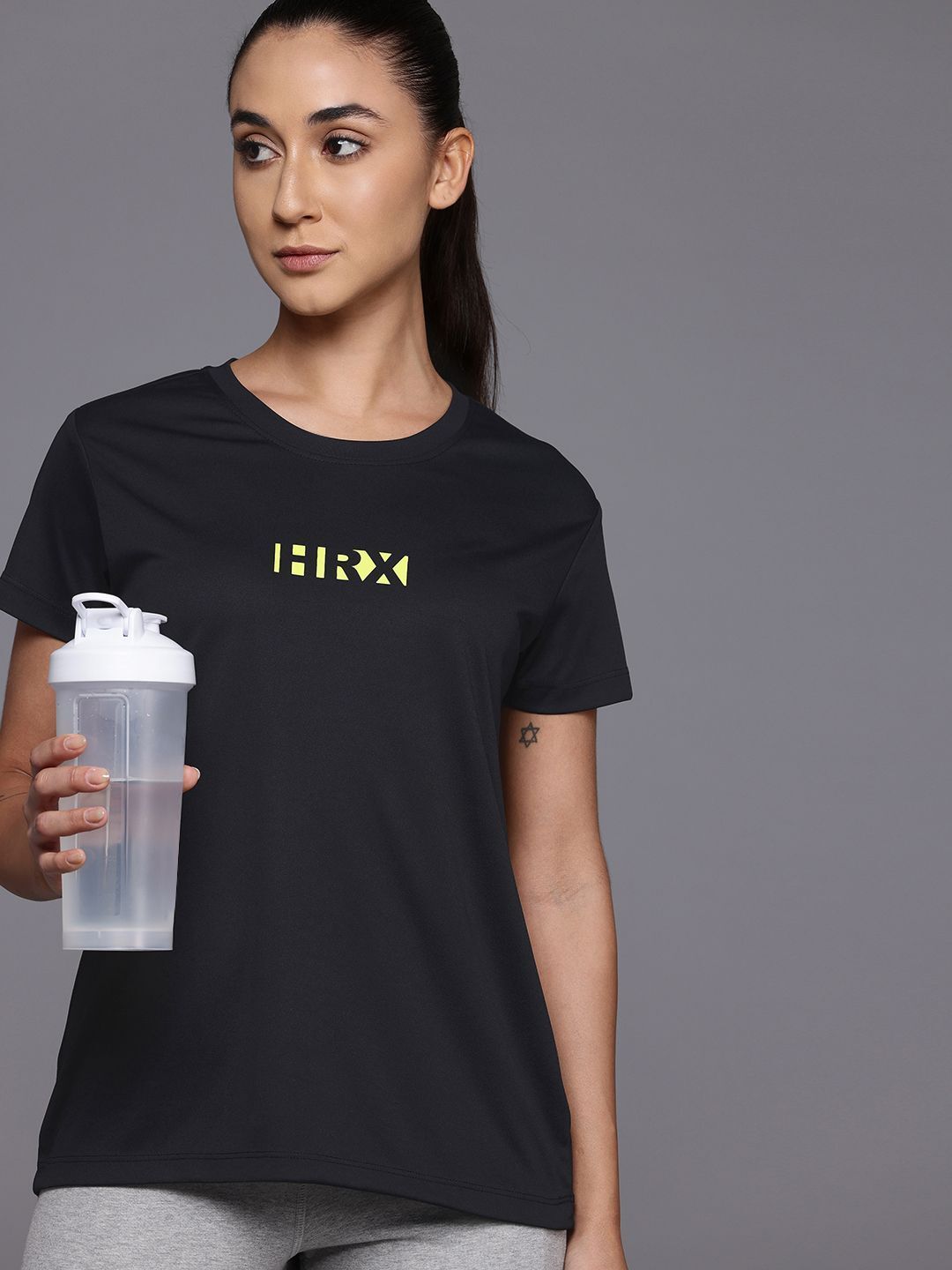 Women Solid Round Neck Polyester Black T-Shirt