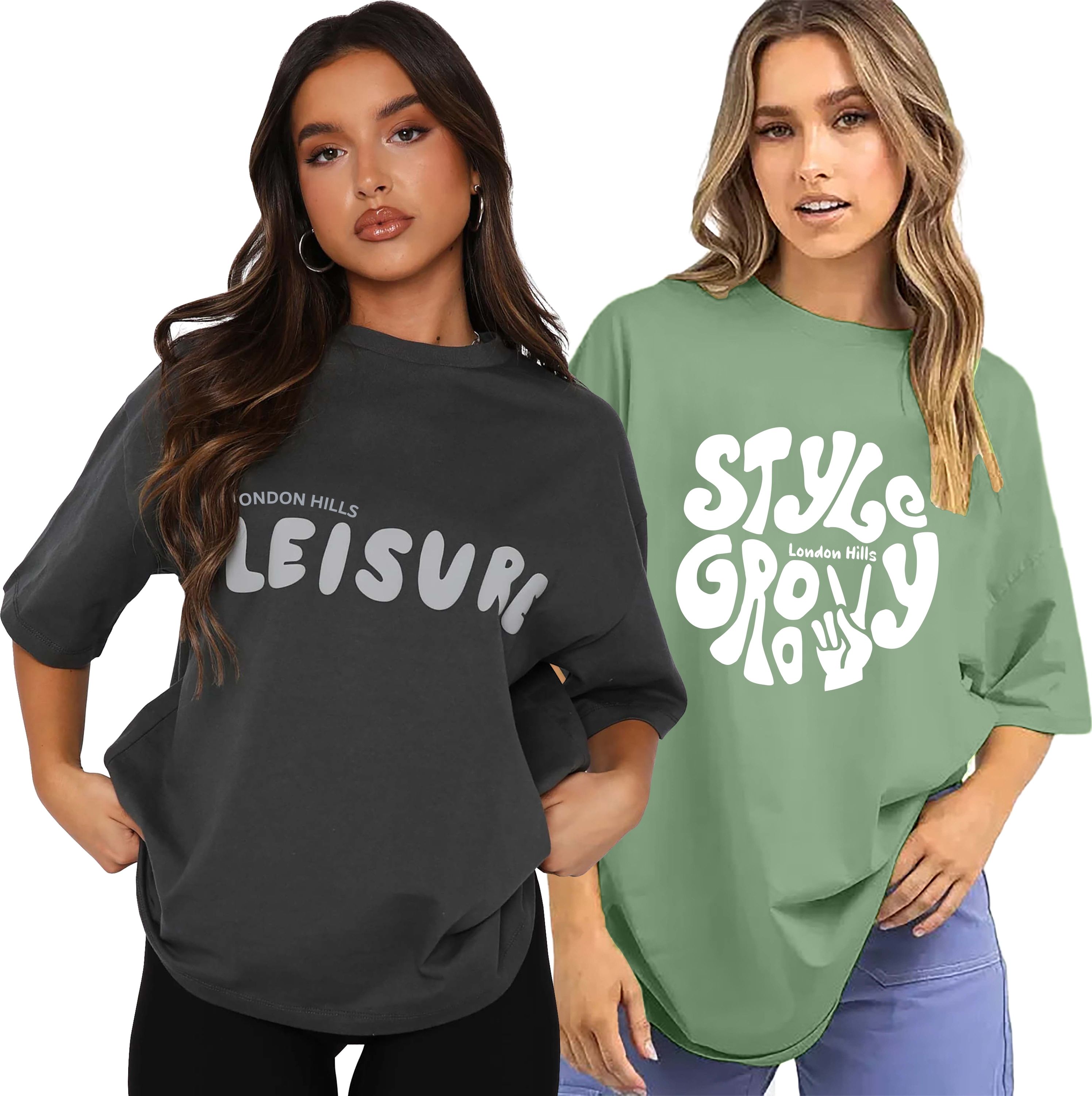 Pack of 2 Women Printed Round Neck Cotton Blend Green, Grey T-Shirt-image-4