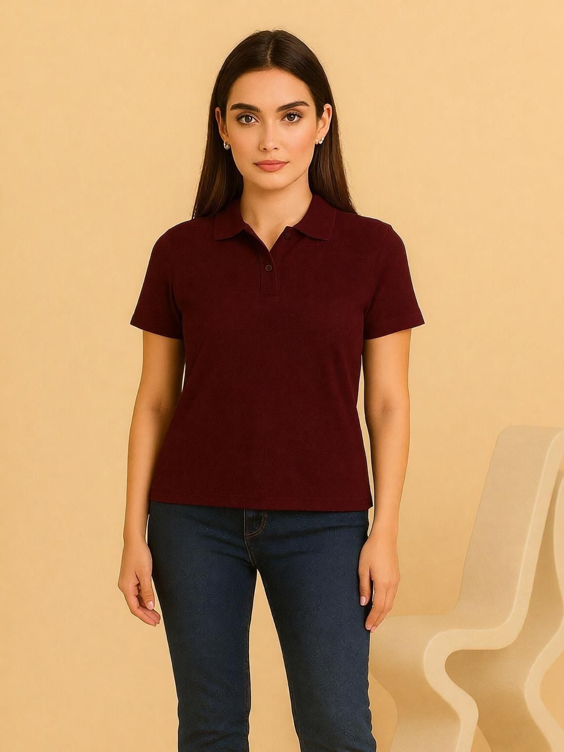 Women Solid Polo Neck Polyester Maroon T-Shirt-image-20