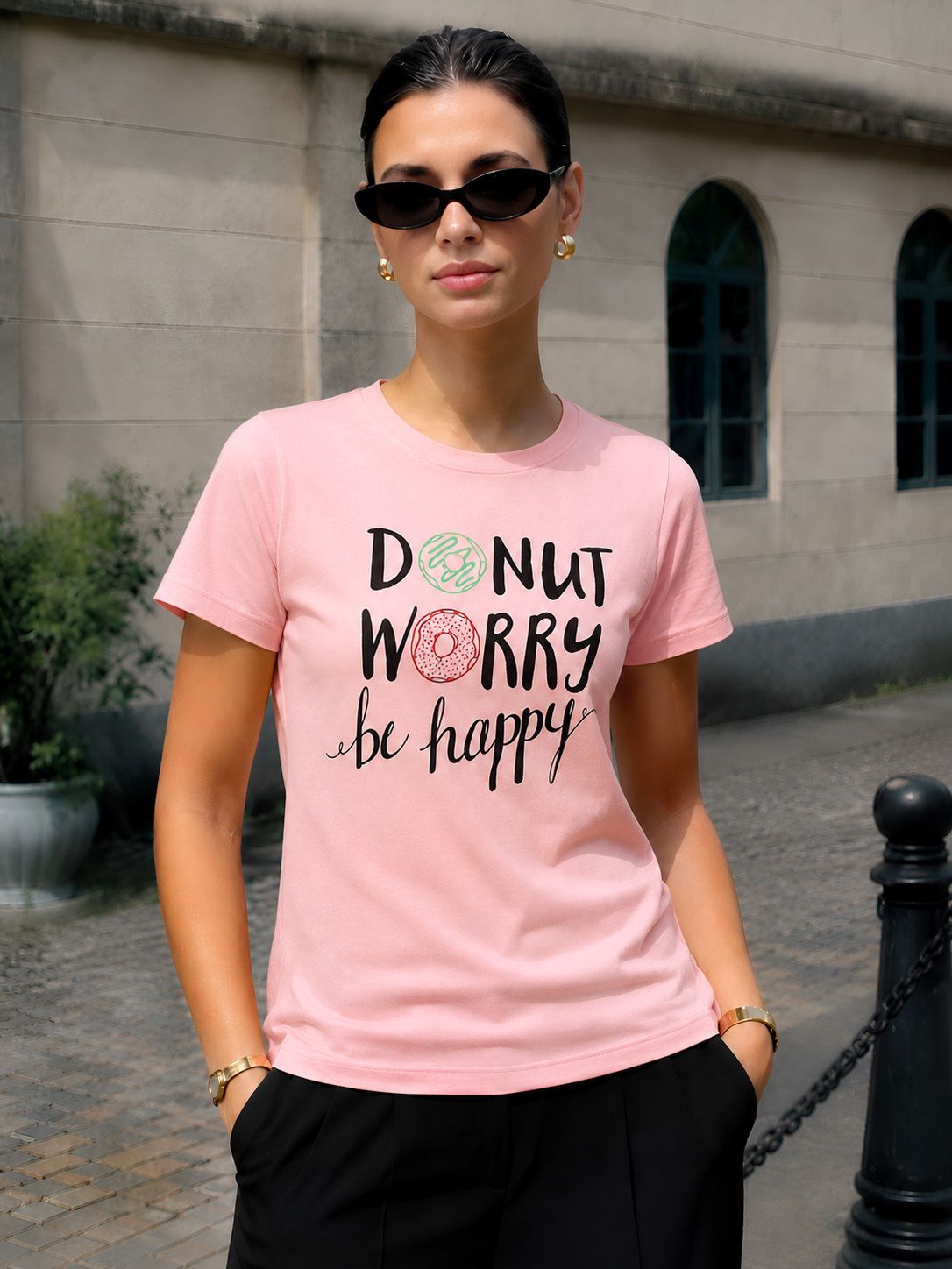 fabflee Women Solid Round Neck Cotton Blend Pink T-Shirt-picture-9
