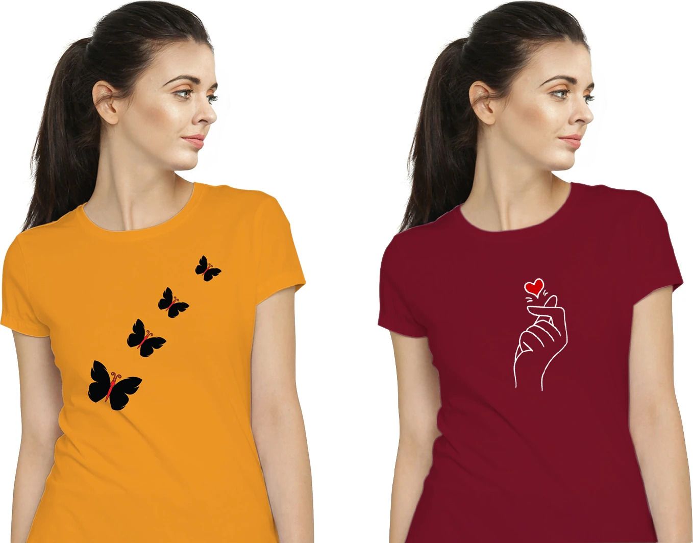 Pack of 2 Women Printed Round Neck Cotton Blend Orange, Maroon T-Shirt-image-26