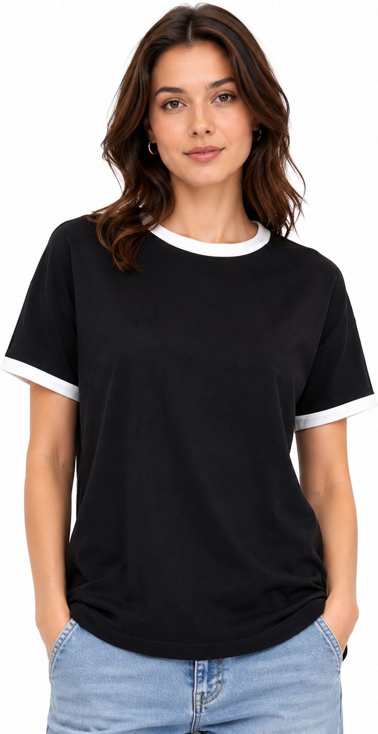 dorman Women Colorblock Round Neck Pure Cotton Black T-Shirt-picture-1