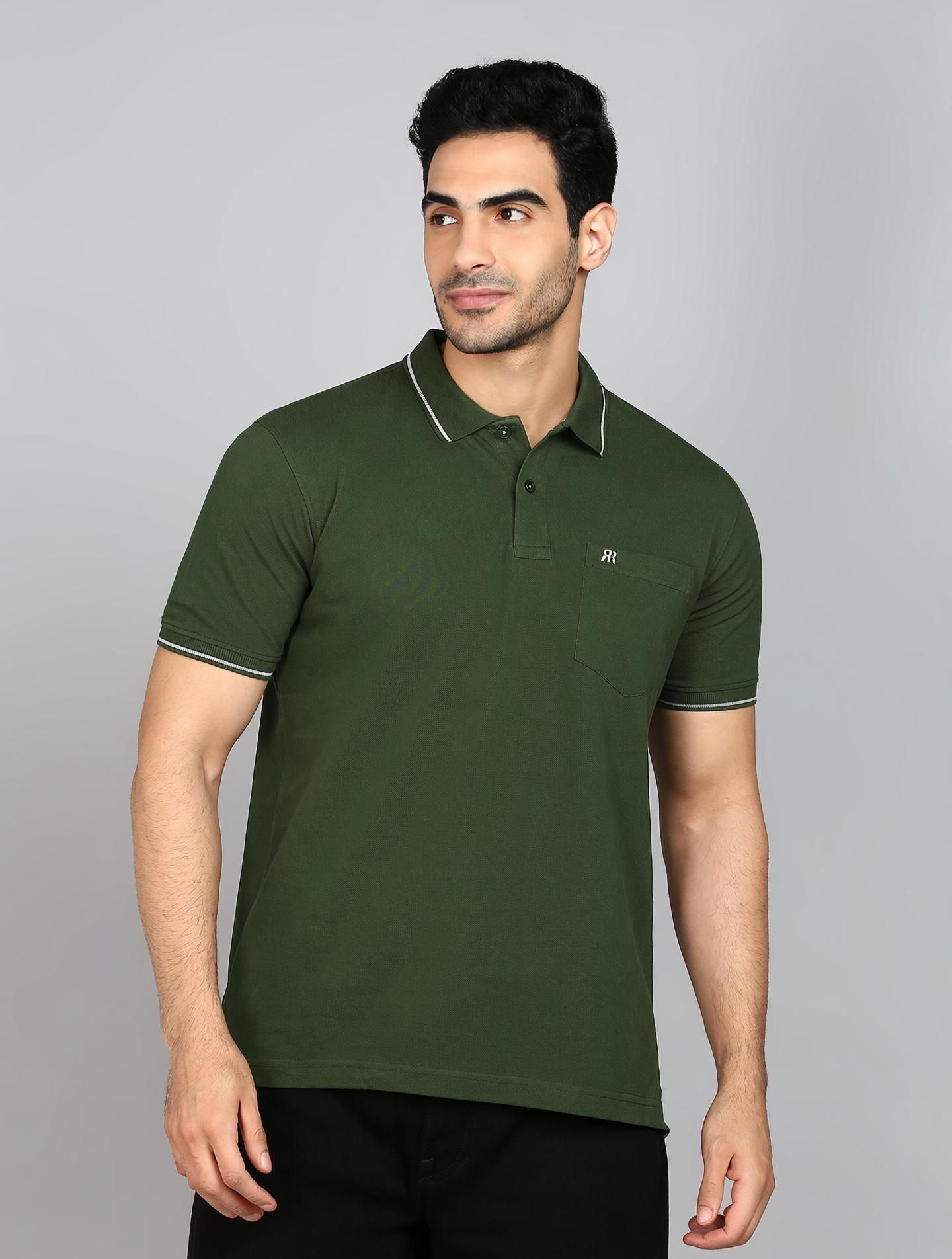 raymond Men Solid Polo Neck Pure Cotton Dark Green T-Shirt-picture-24
