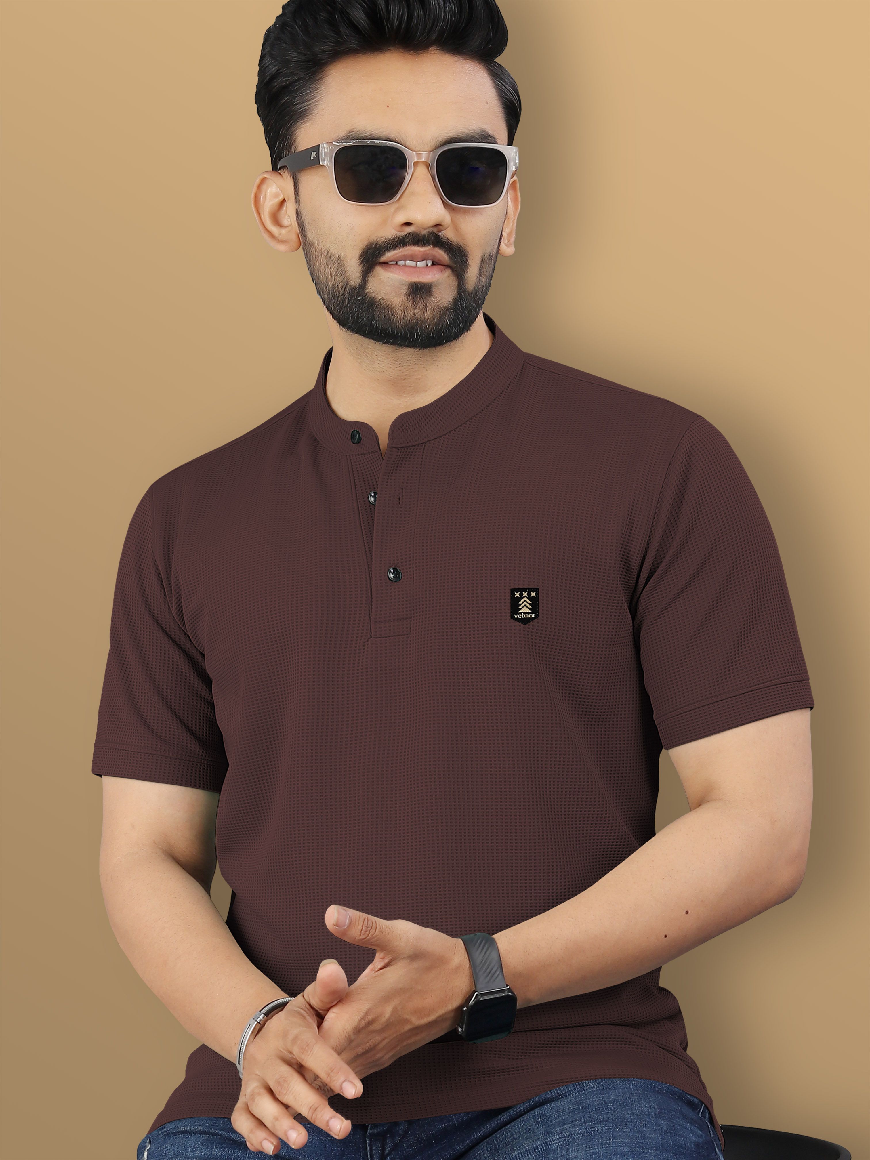 Men Solid Mandarin Collar Polyester Brown T-Shirt-image-10