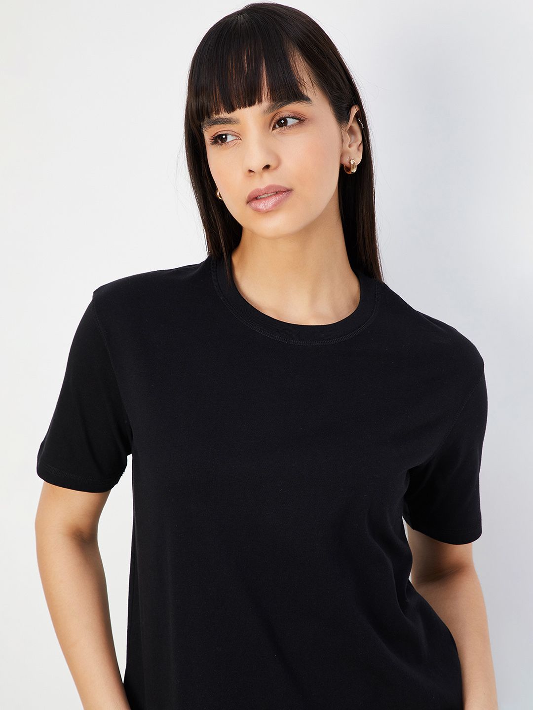 max Women Solid Round Neck Pure Cotton Black T-Shirt-picture-16