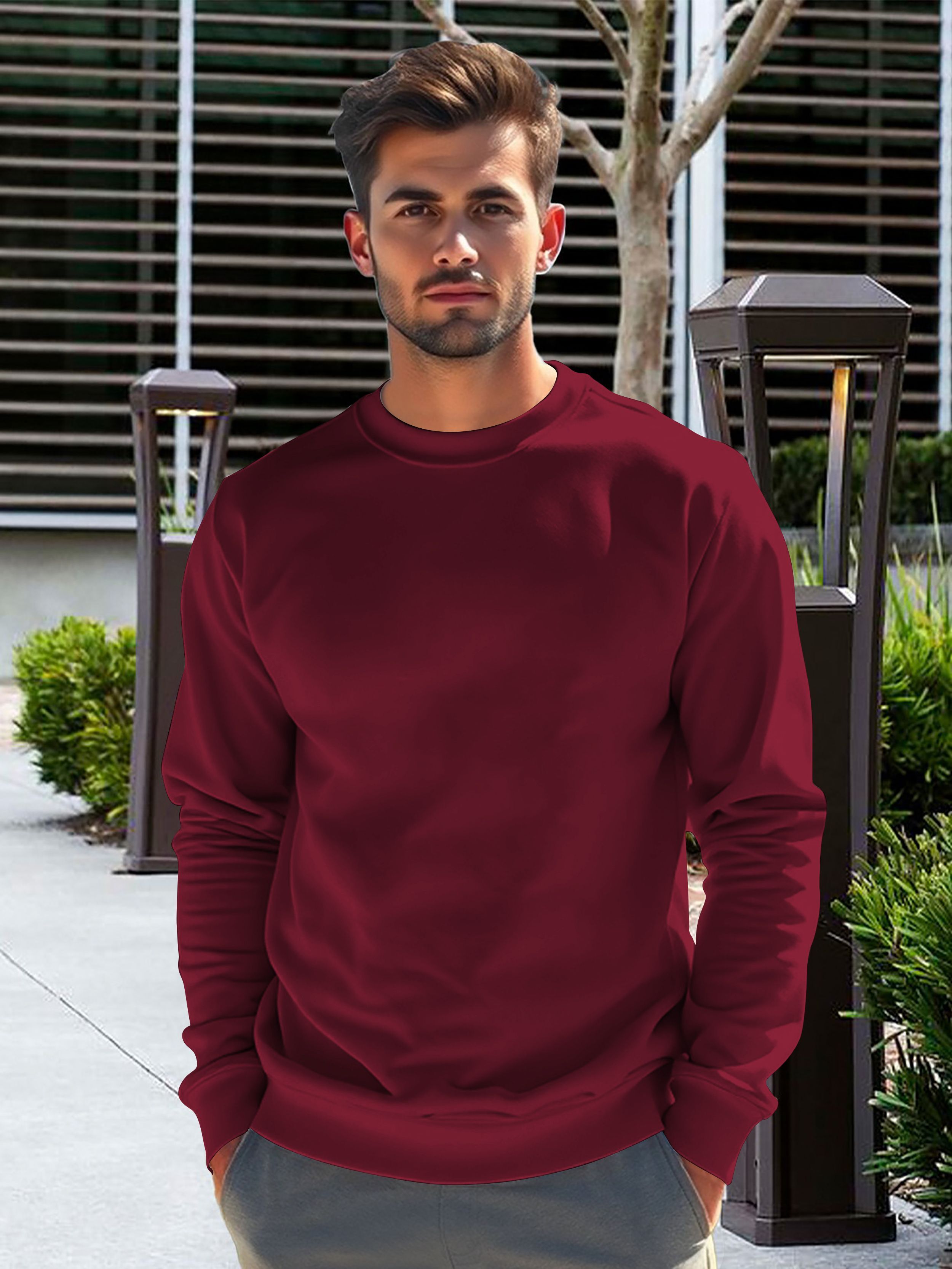 Men Solid Round Neck Pure Cotton Maroon T-Shirt-image-5