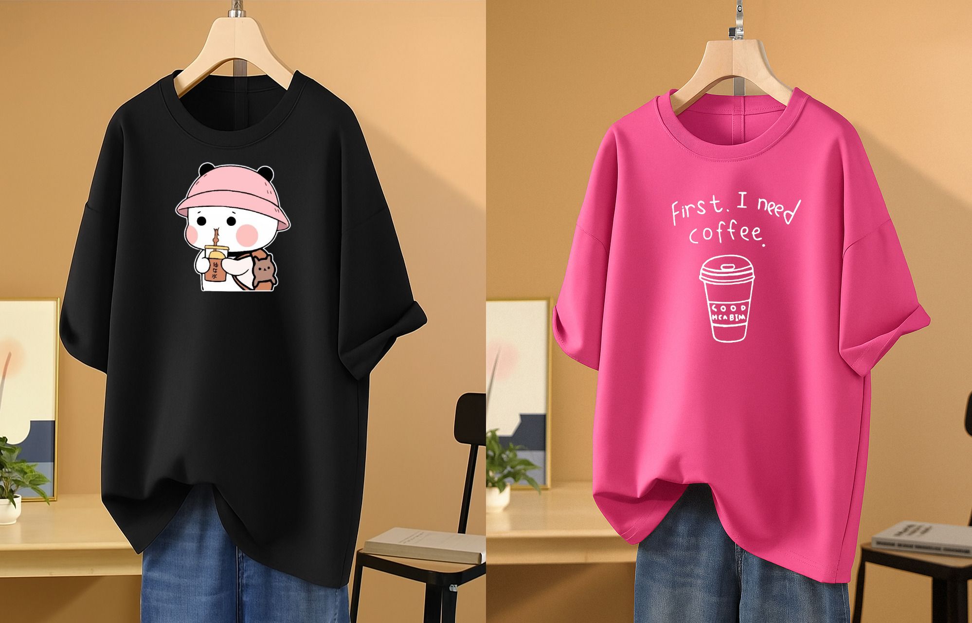 rapturous Pack of 2 Women Printed Round Neck Cotton Blend Black, Pink T-Shirt-picture-21
