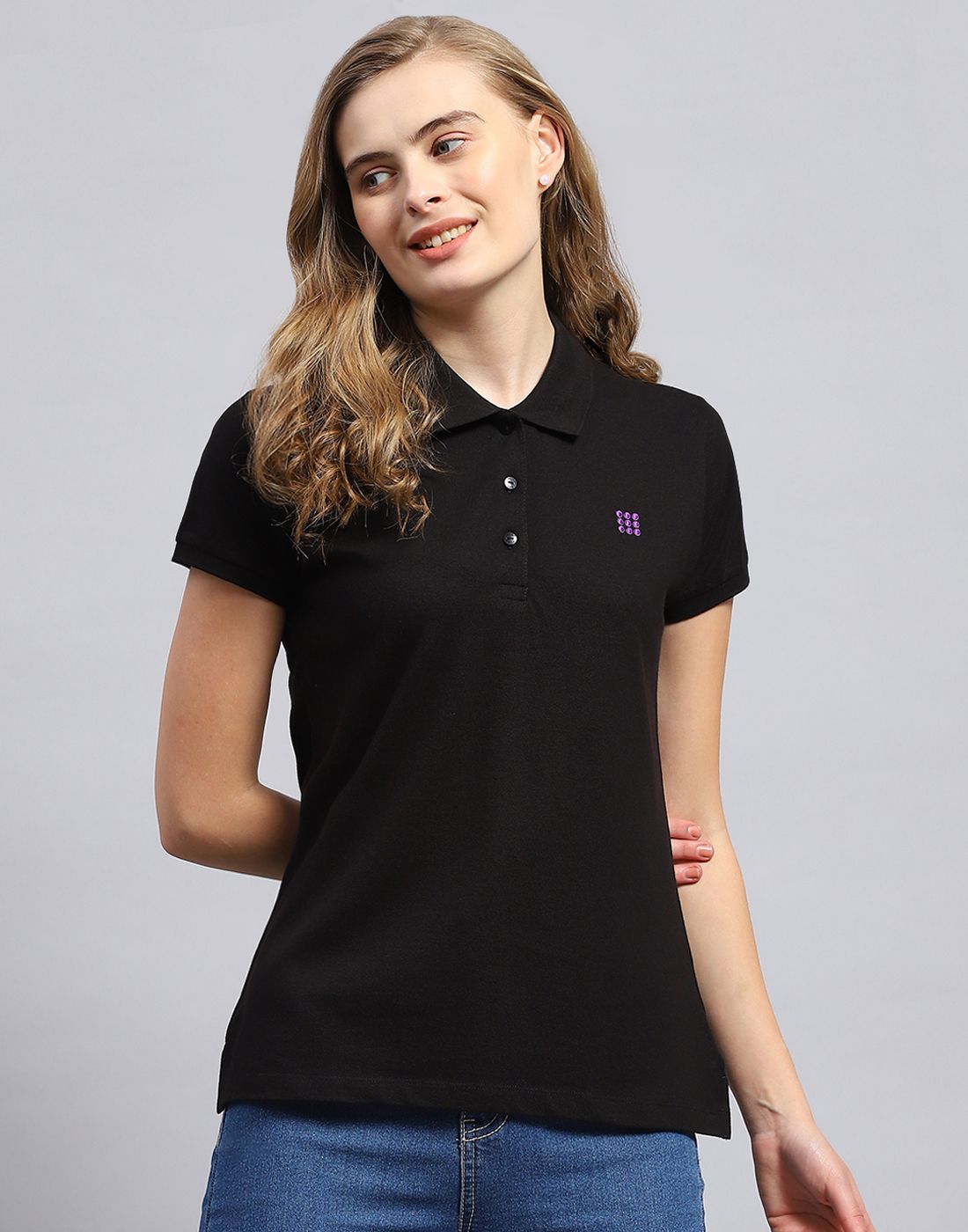 rock.it Women Solid Polo Neck Cotton Blend Black T-Shirt-picture-16