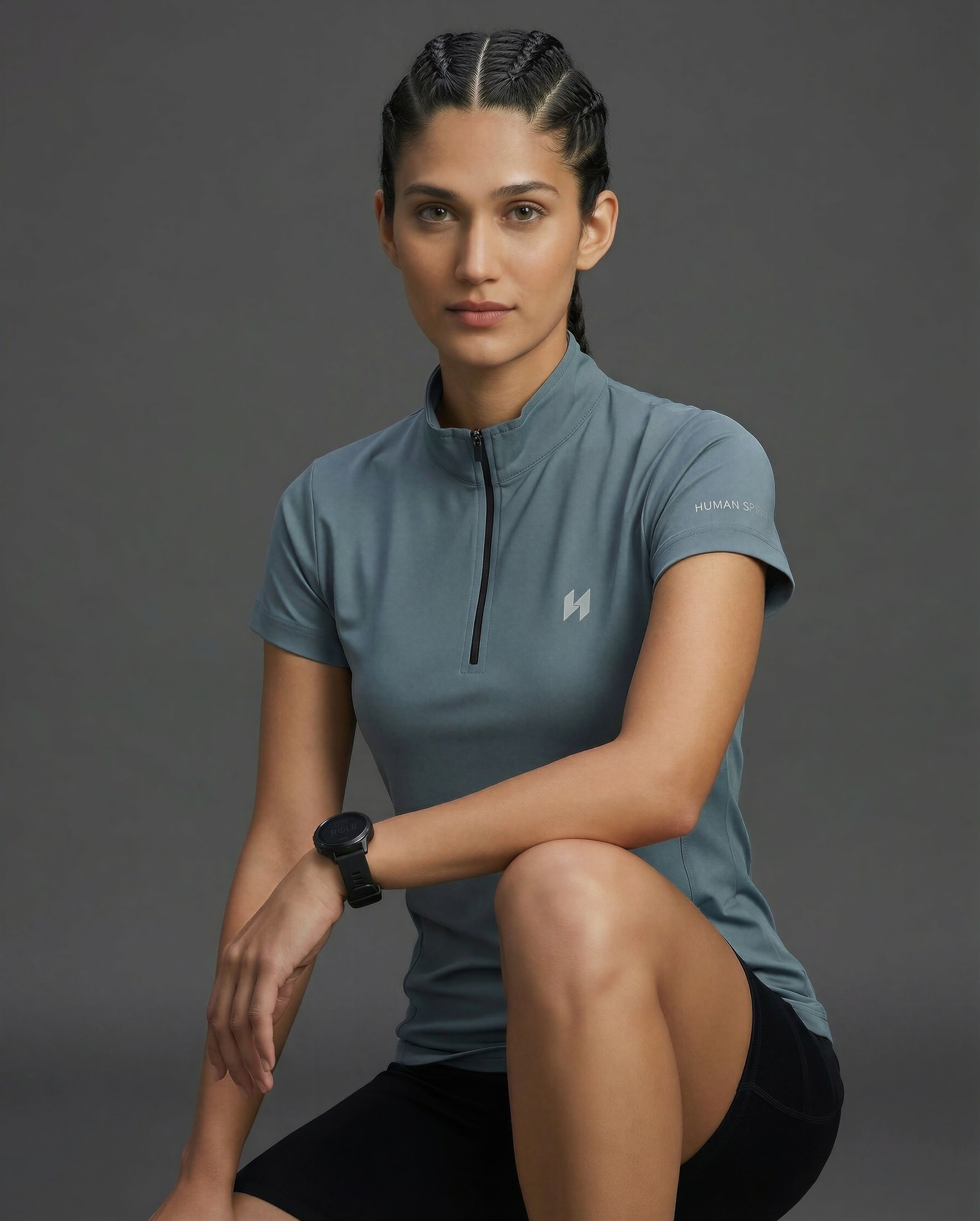 Women Solid Zip Neck Polyester Blue T-Shirt-image-21