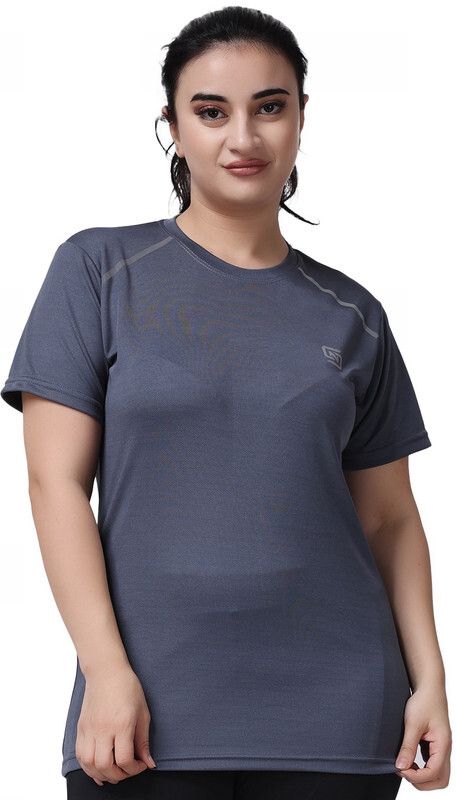 Women Solid Round Neck Polyester Grey T-Shirt