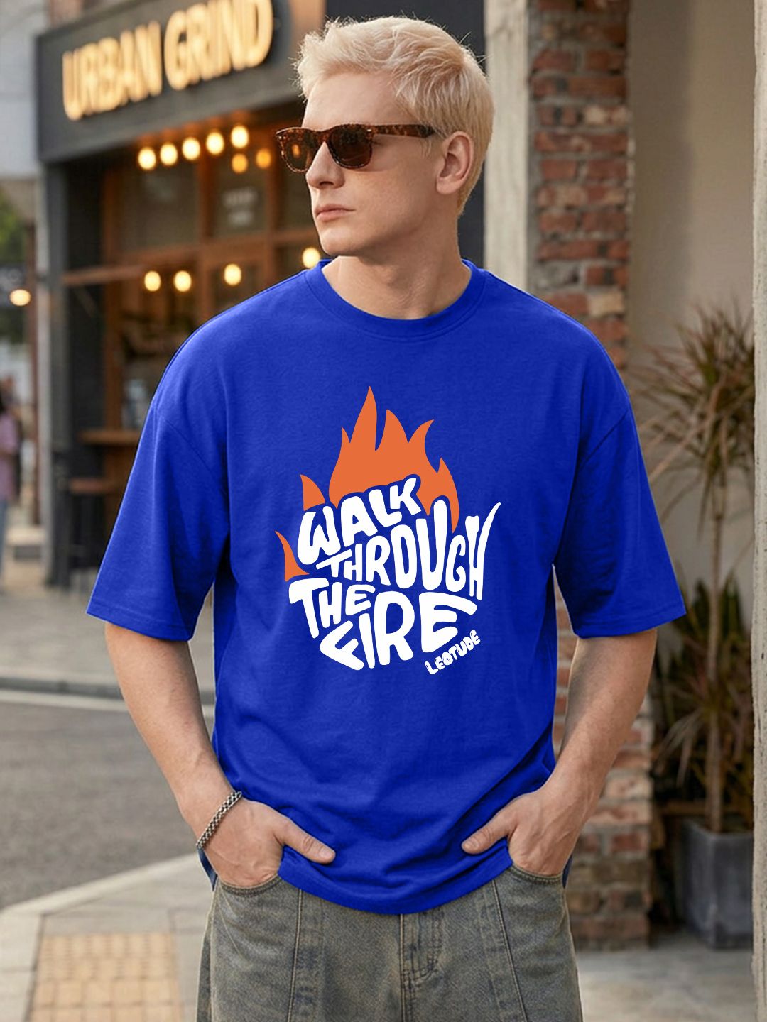 Men Printed Round Neck Cotton Blend Blue T-Shirt-image-4