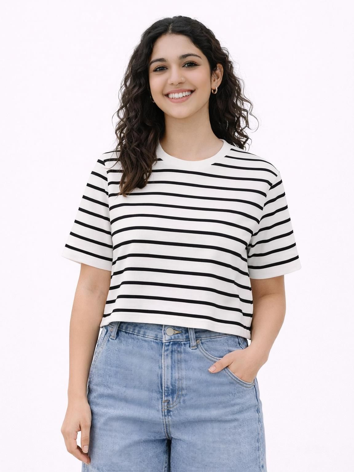 Women Striped Round Neck Pure Cotton White T-Shirt-image-23
