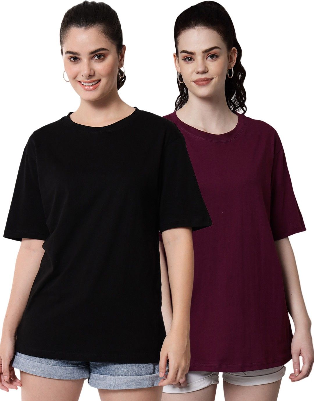 funday fashion Pack of 2 Women Solid Round Neck Cotton Blend Purple, Black T-Shirt-picture-11