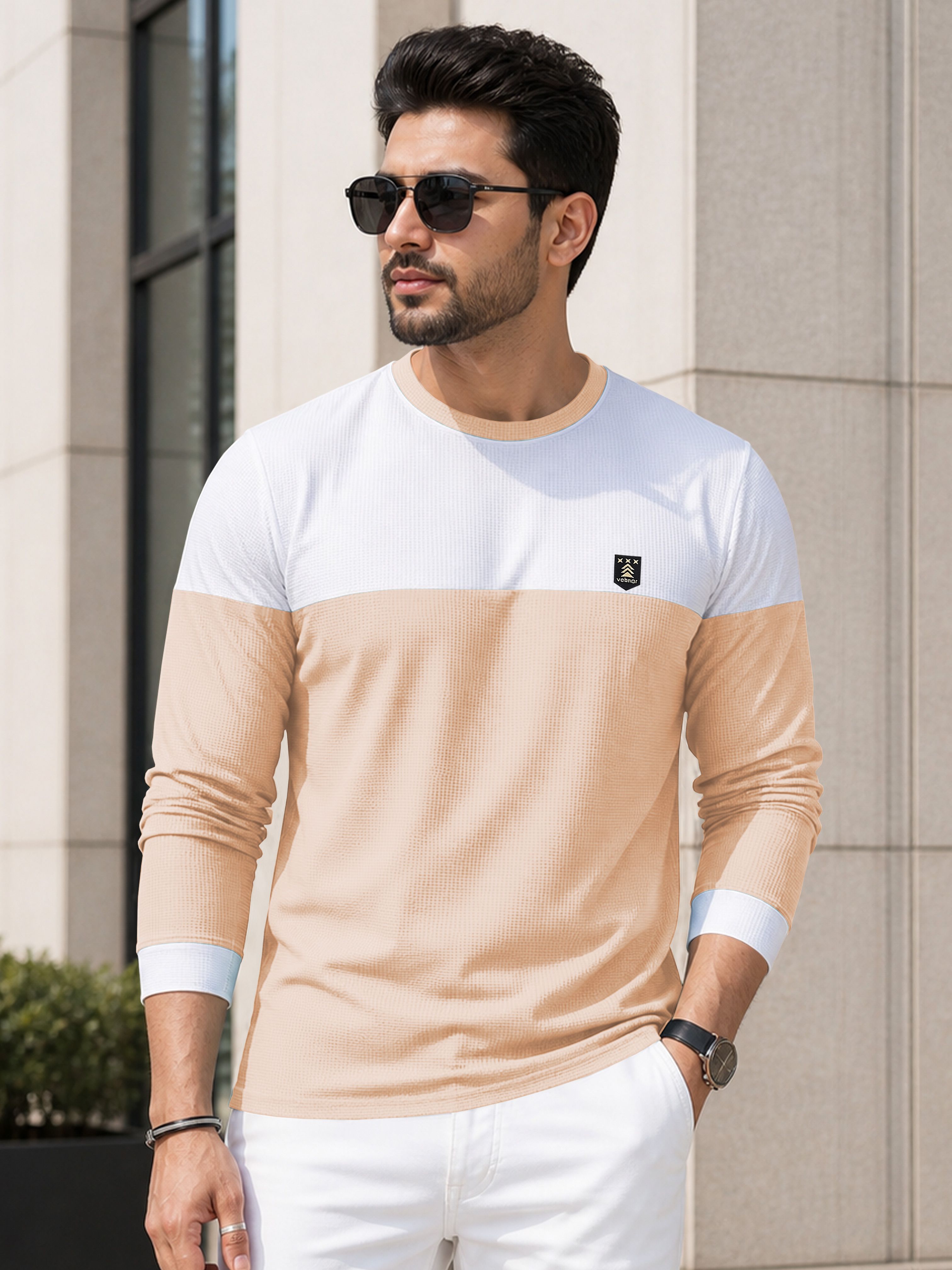Men Colorblock Round Neck Polyester Beige, White T-Shirt-image-48