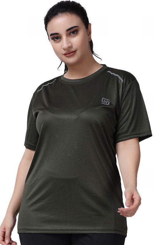 Women Solid Round Neck Polyester Green T-Shirt