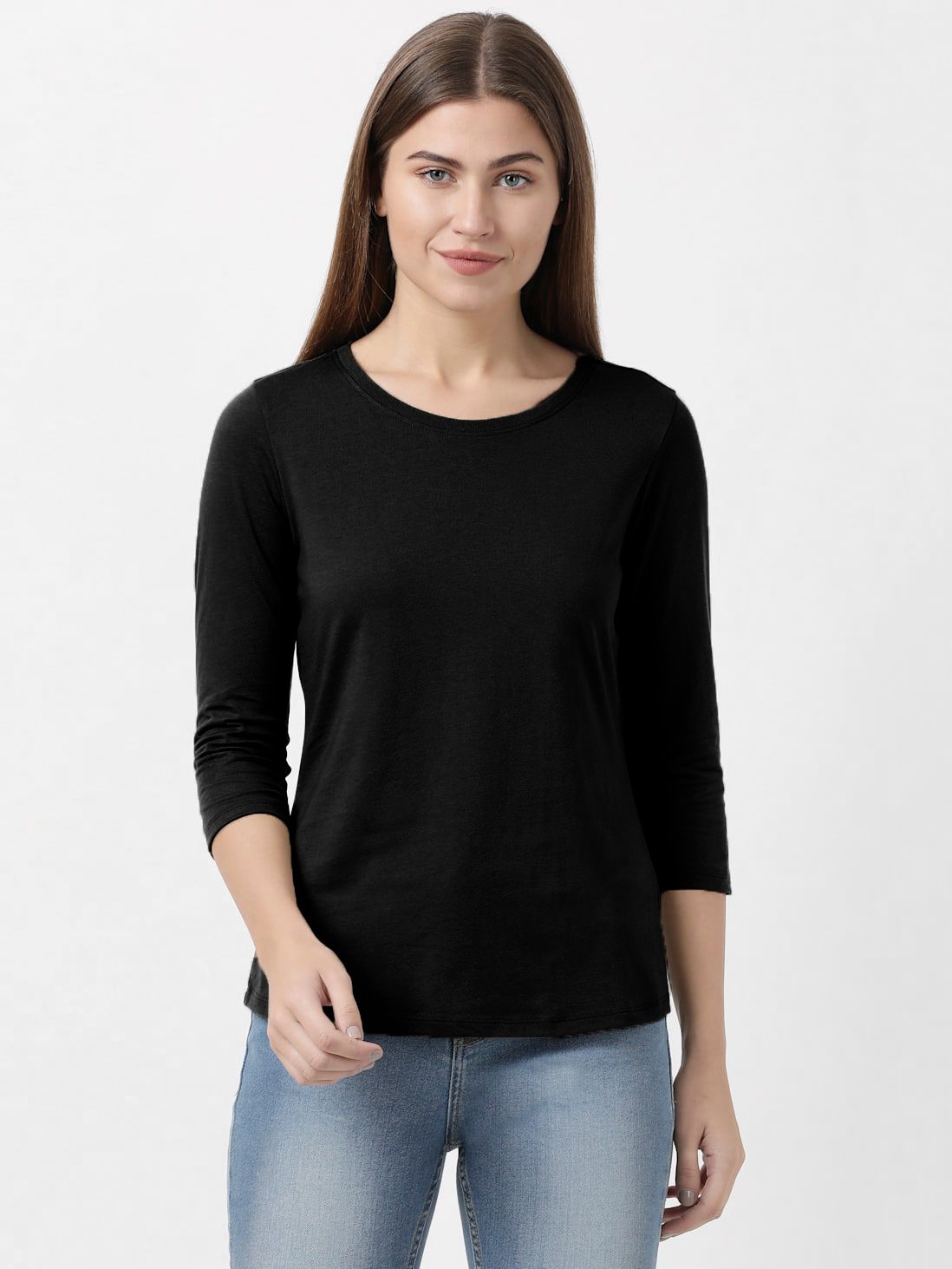 Black Three Fourth Sleeve T-shirts for Women Women Solid Round Neck Cotton Blend Black T-Shirt-image-3