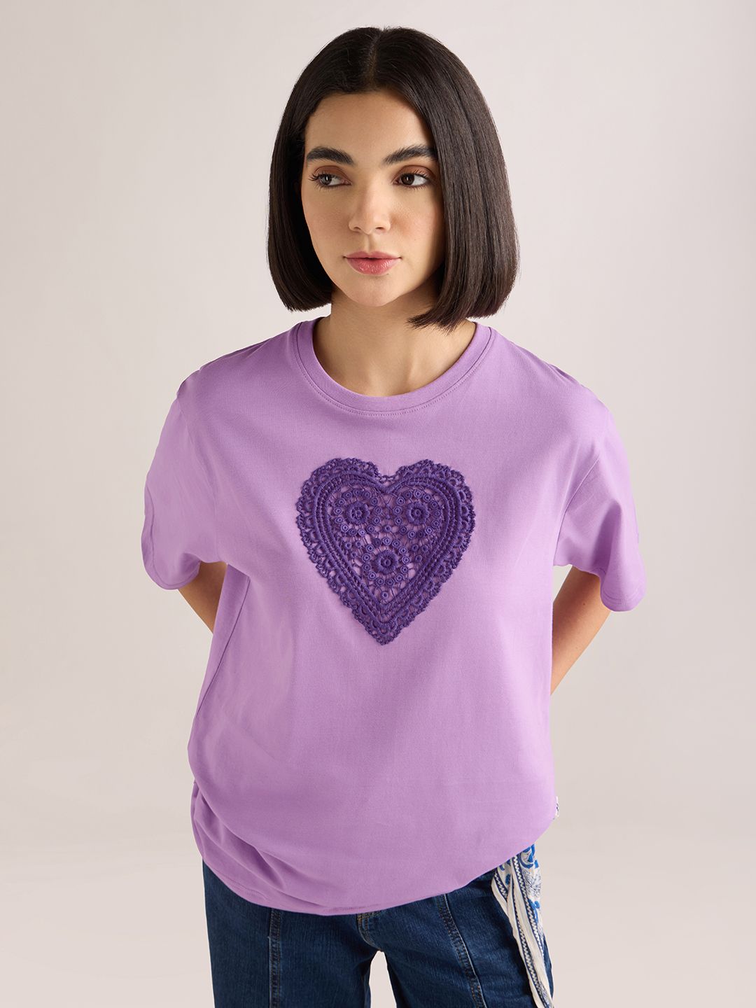 dillinger Women Embroidered Round Neck Pure Cotton Purple T-Shirt-picture-13