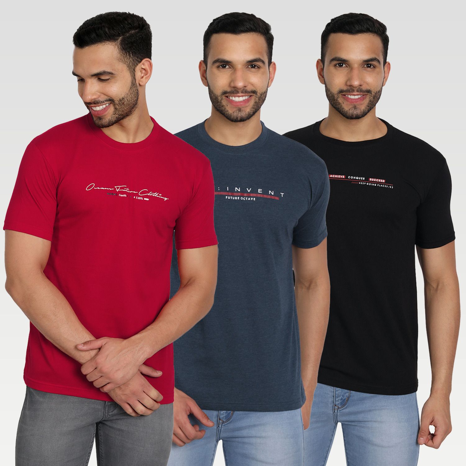 zeffit Pack of 3 Men Printed Round Neck Cotton Blend Black, Blue, Red T-Shirt-picture-11