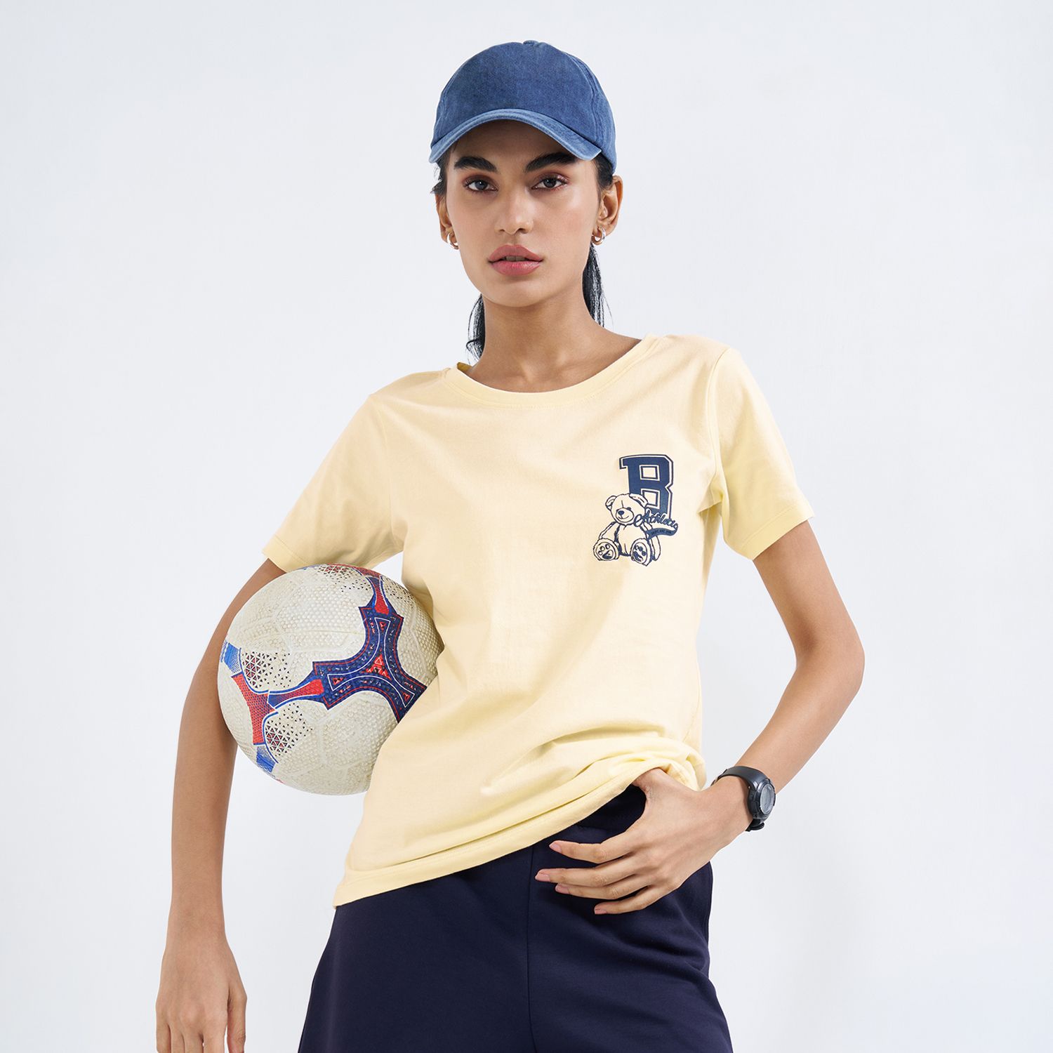 Women Printed Round Neck Pure Cotton Yellow T-Shirt-image-4