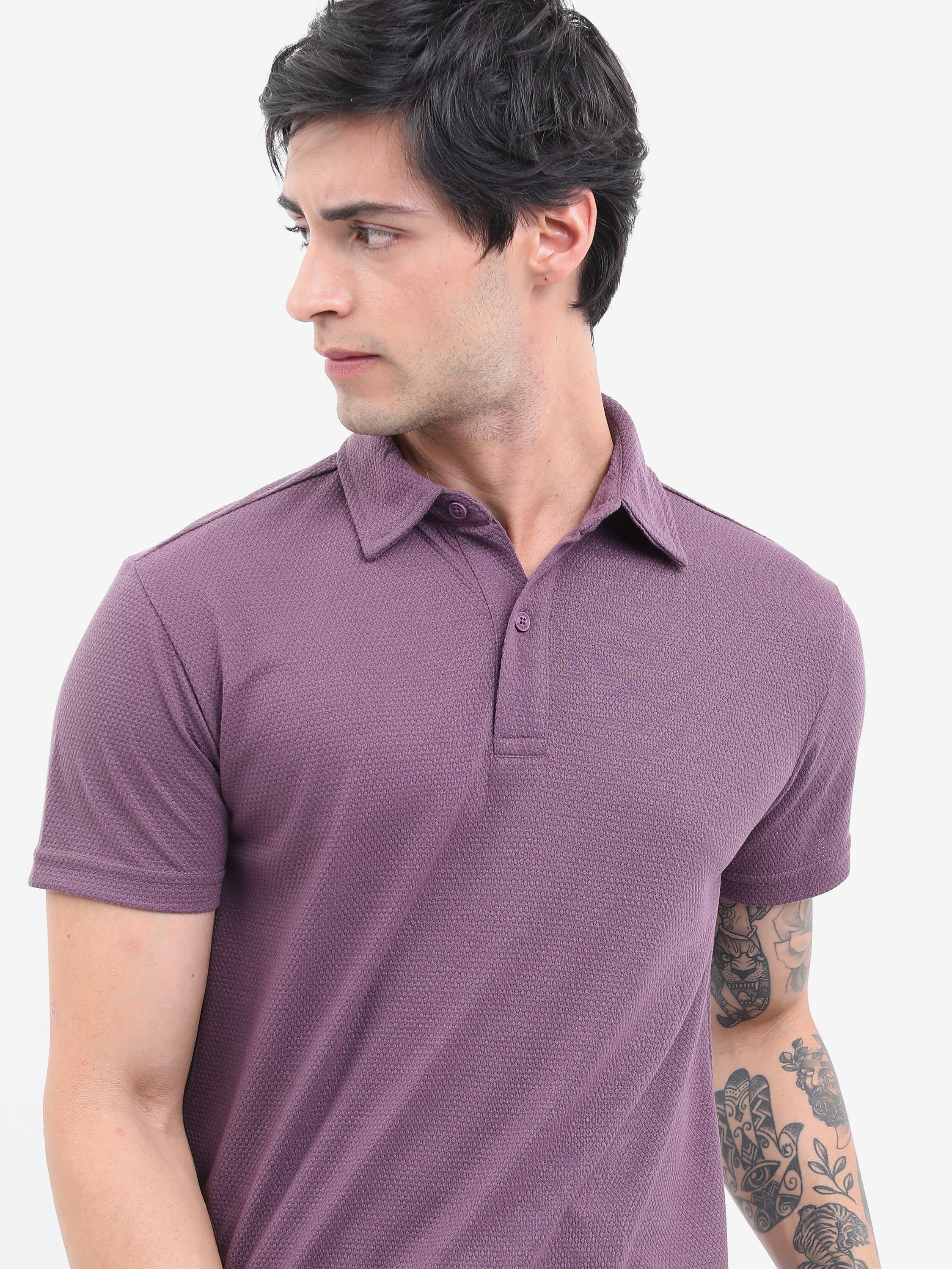 Popcorn Structured Men Solid Polo Neck Cotton Blend Purple T-Shirt-image-36