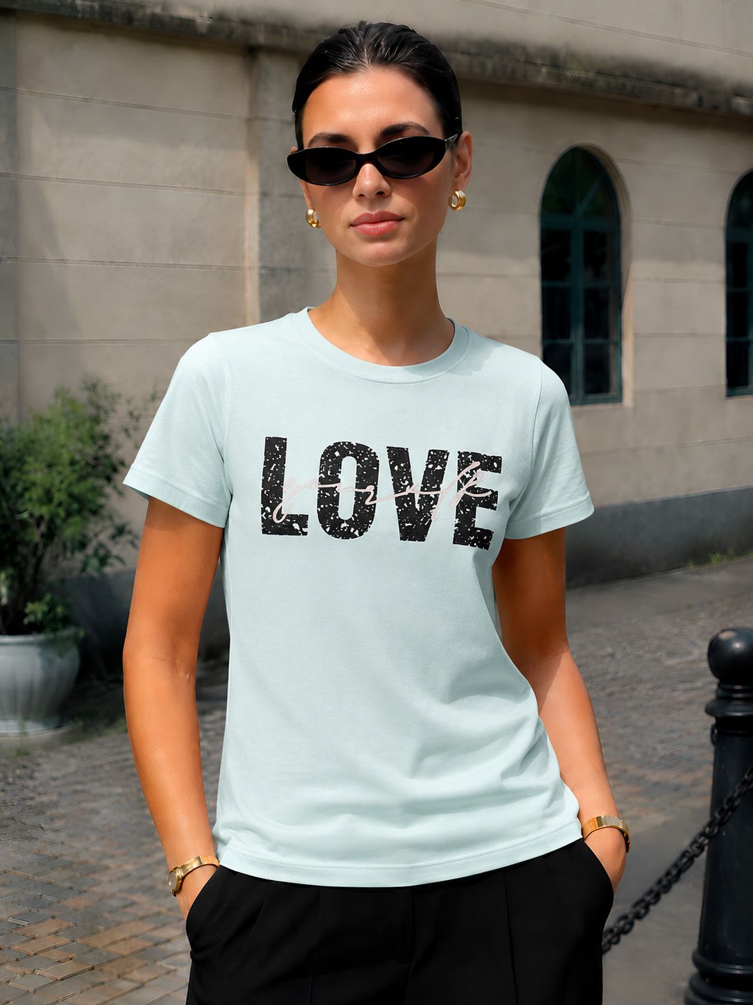 fabflee Women Solid Round Neck Cotton Blend Light Blue T-Shirt-picture-17