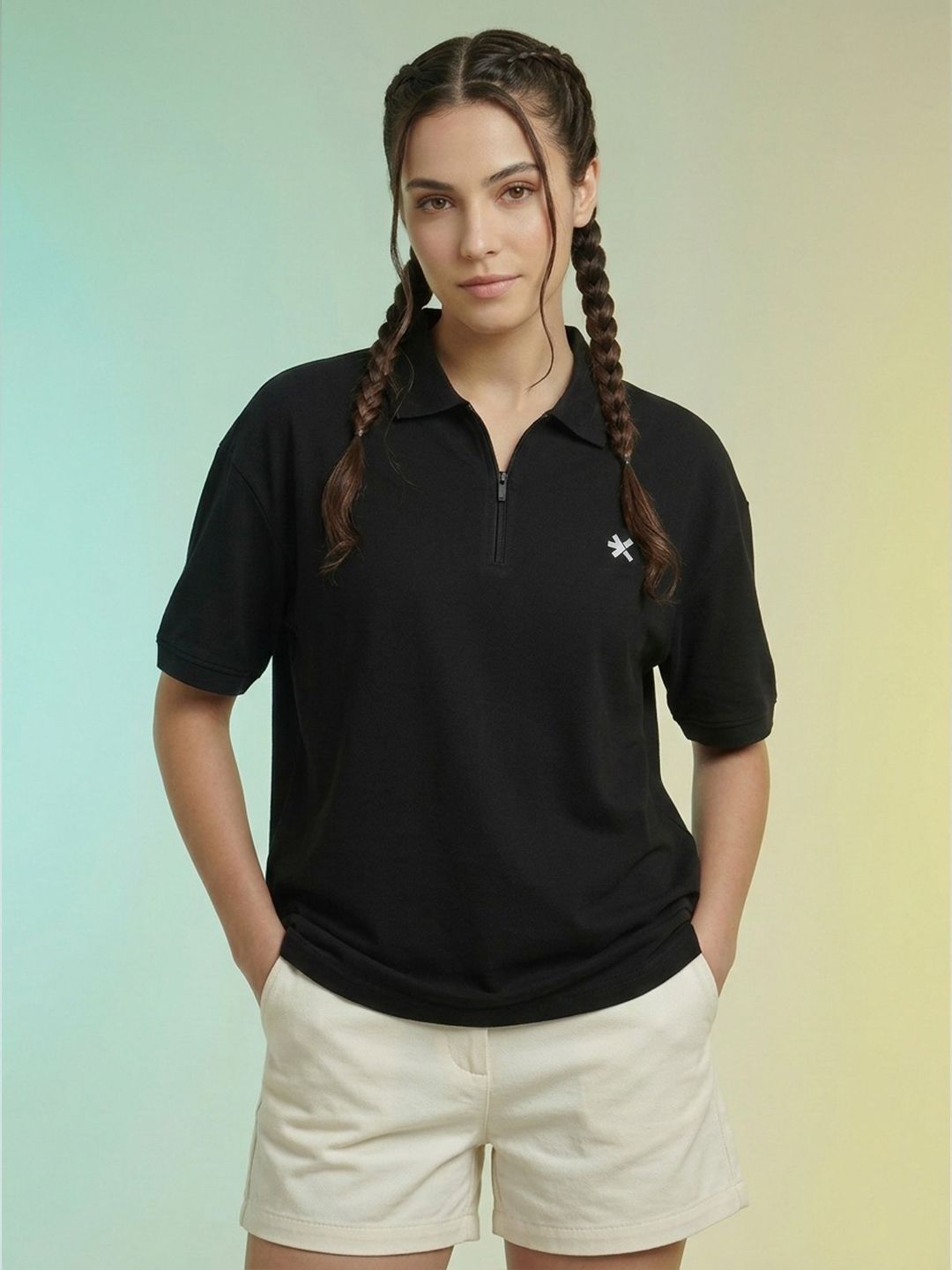 Women Solid Polo Neck Polyester Black T-Shirt-image-41