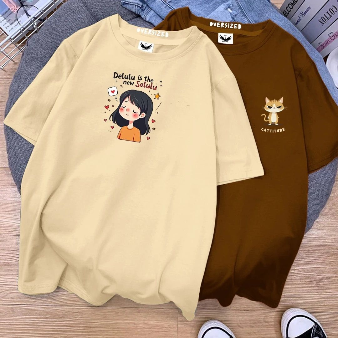 infirax Pack of 2 Women Printed Round Neck Cotton Blend Beige, Brown T-Shirt-picture-26