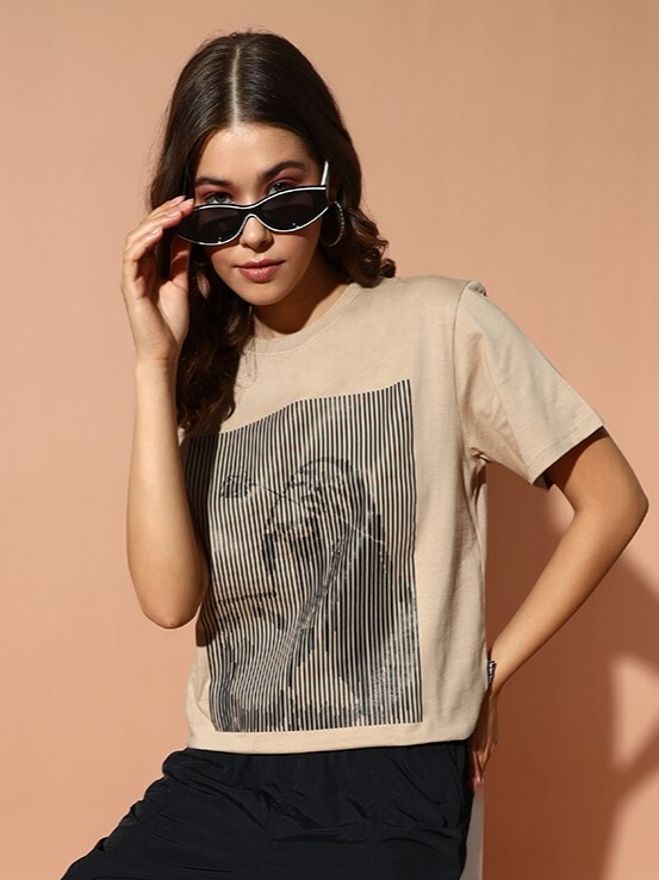 the dry state Women Printed Round Neck Pure Cotton Brown T-Shirt-picture-20