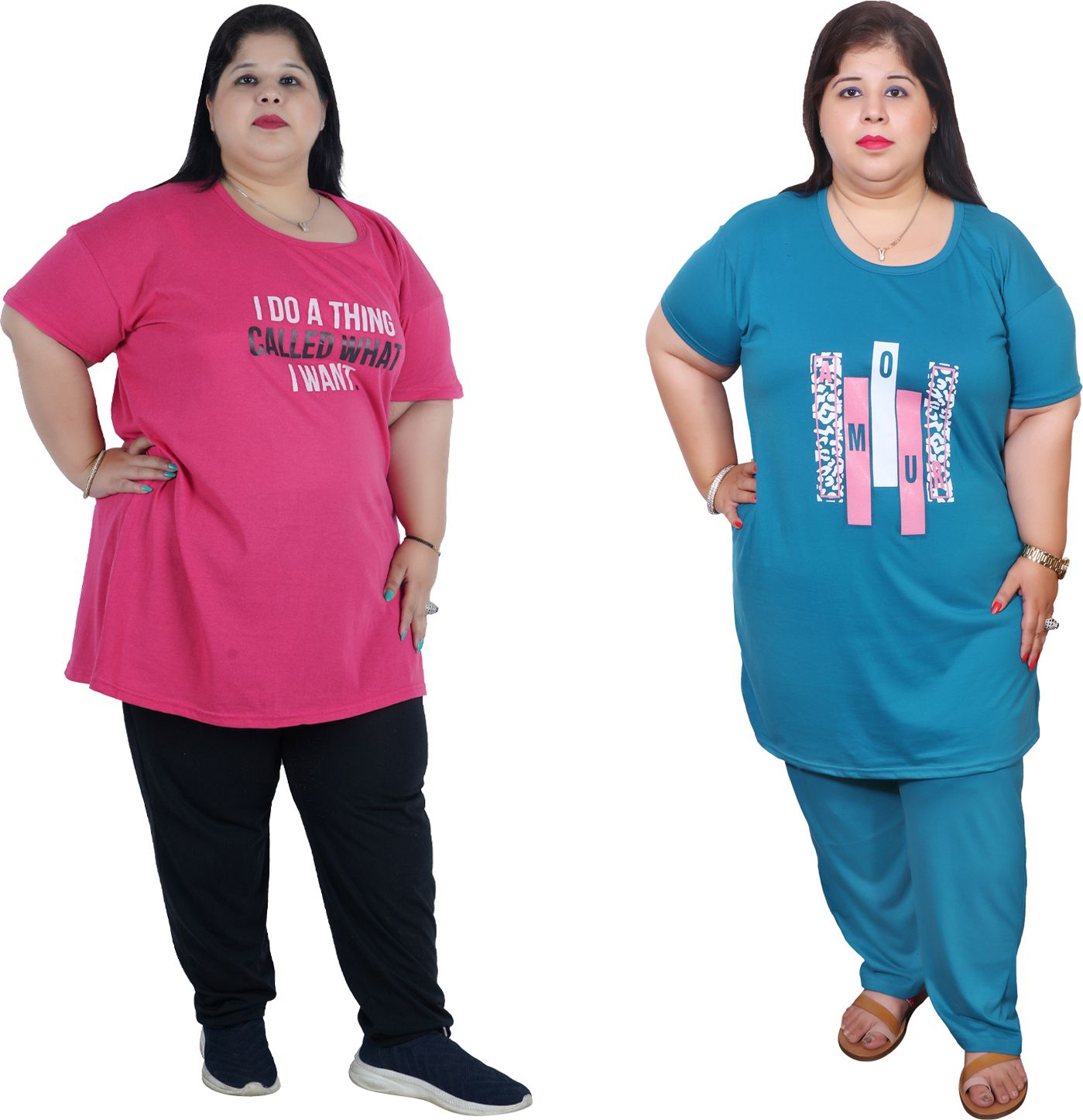 wako Pack of 2 Women Typography, Graphic Print, Printed Round Neck Cotton Blend Pink, Light Blue T-Shirt-picture-35