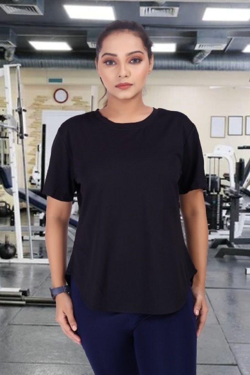 myo Women Solid Round Neck Reversible Polyester Black T-Shirt-picture-28