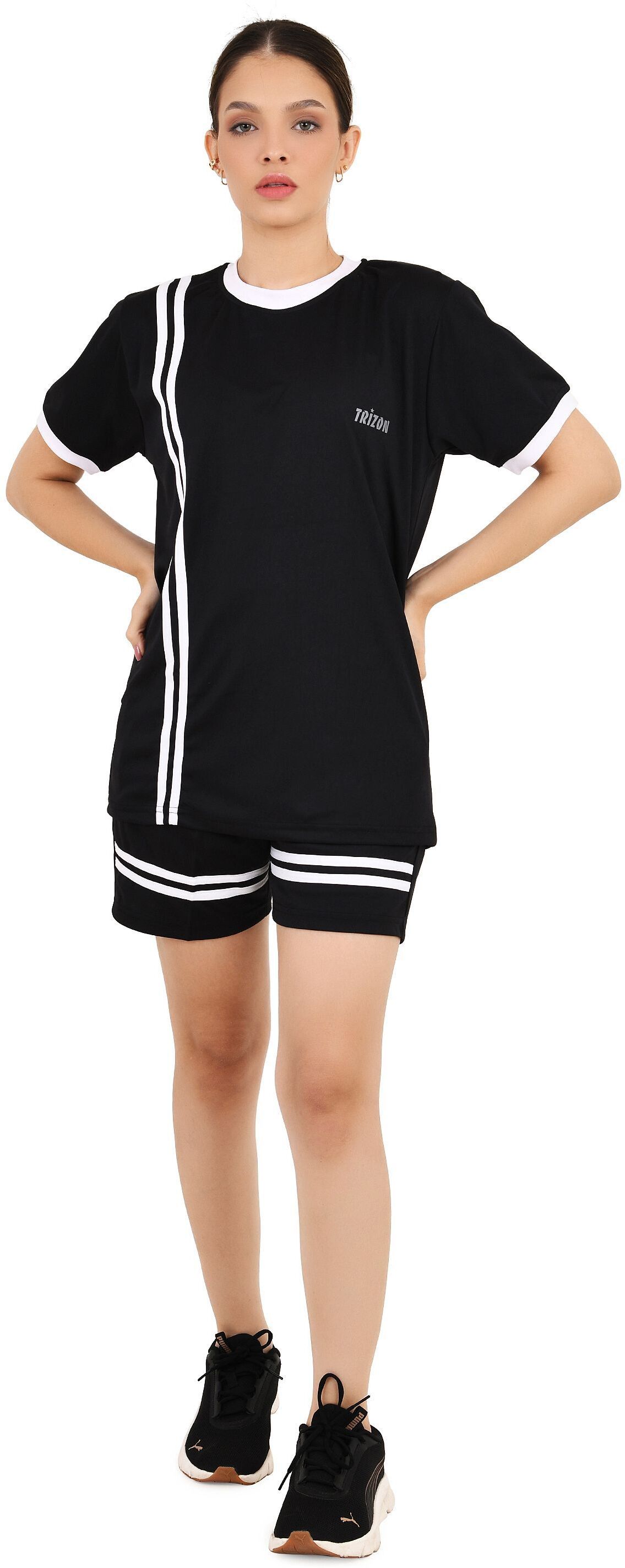 trizon Women Solid, Chevron/Zig Zag, Graphic Print, Sporty, Printed Round Neck Polyester Black T-Shirt-picture-37