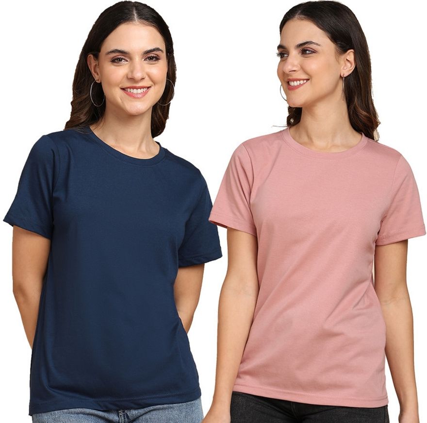 Pack of 2 Women Solid Round Neck Cotton Blend Pink, Blue T-Shirt-image-26